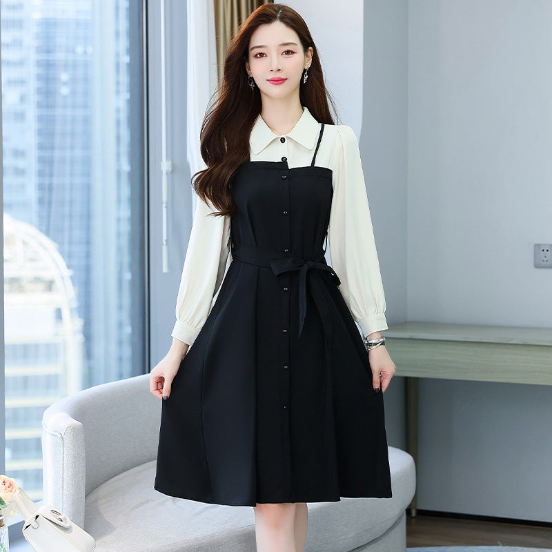 【Dress】フェイクレイヤードシャツワンピース W8162
