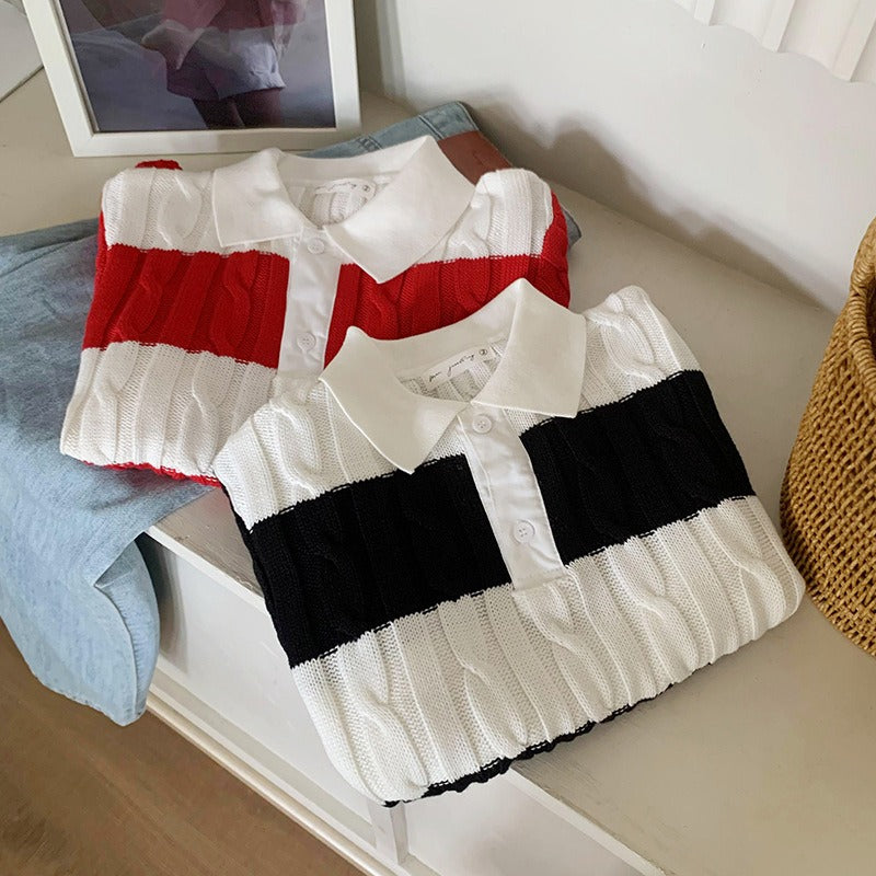 【Tops】ボーダー柄半袖ニット W13181