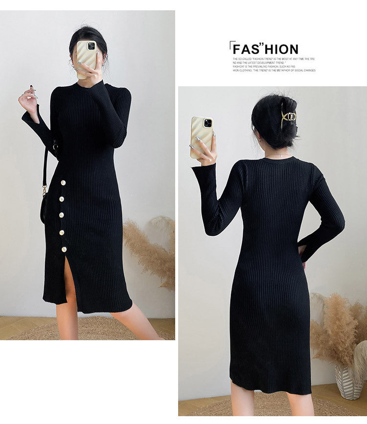 【Dress】3色スリット入りニットワンピース W9714
