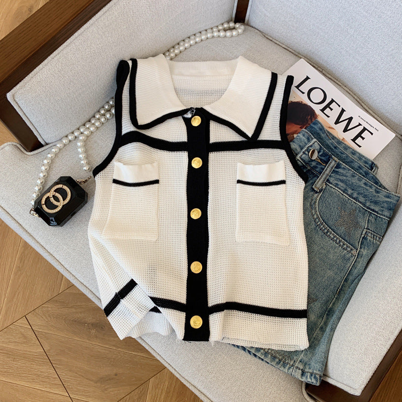 【Tops】POLOネック配色タンクトップ W11037