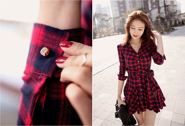 【Dress】チェック柄シャツワンピース W9915