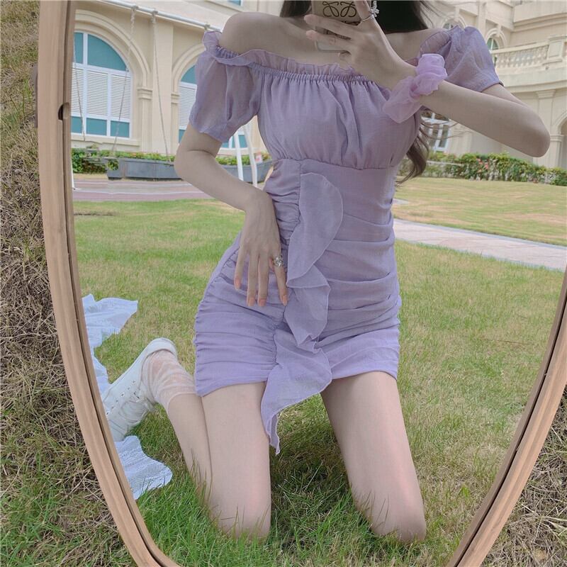 【dress】美人度アップ!韓国系セクシーフリルパフスリーブボートネックAライン