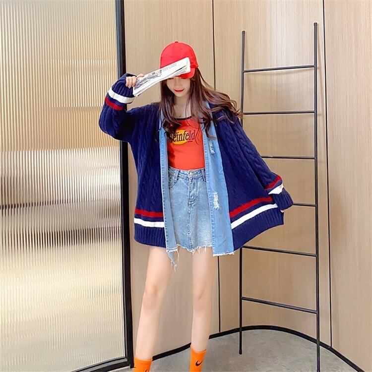 【outer】定番シンプルデニム切り替え3色カーディガンジャカード