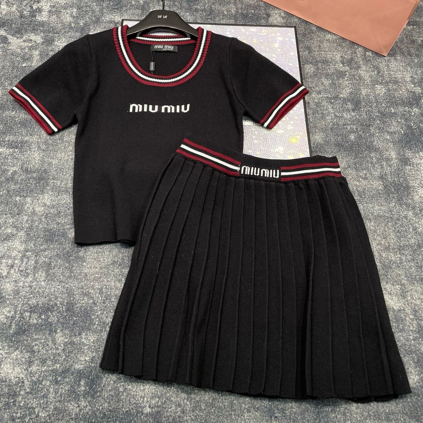 【set】半袖ニットトップス×プリーツスカートセット N2462