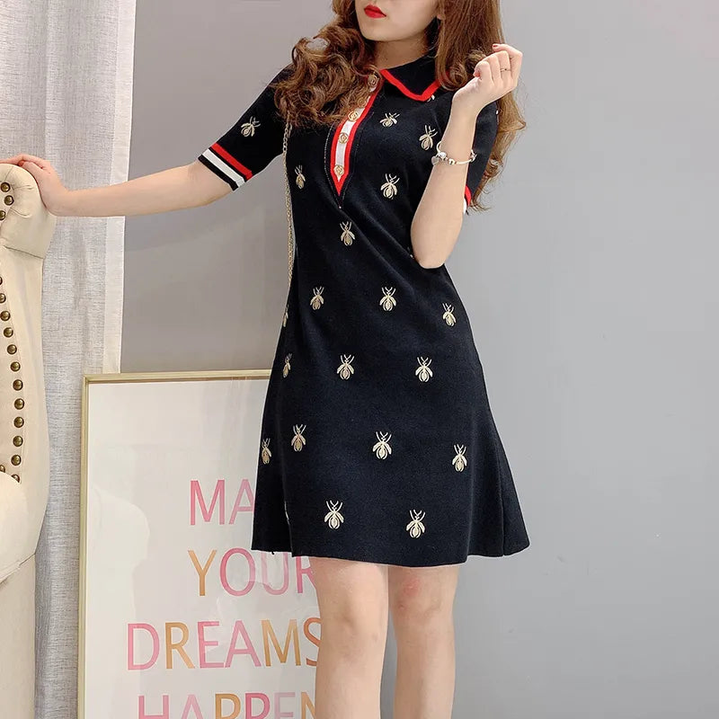 【Dress】新入荷!レディース気質Aライン半袖プリントニットワンピース W-6550