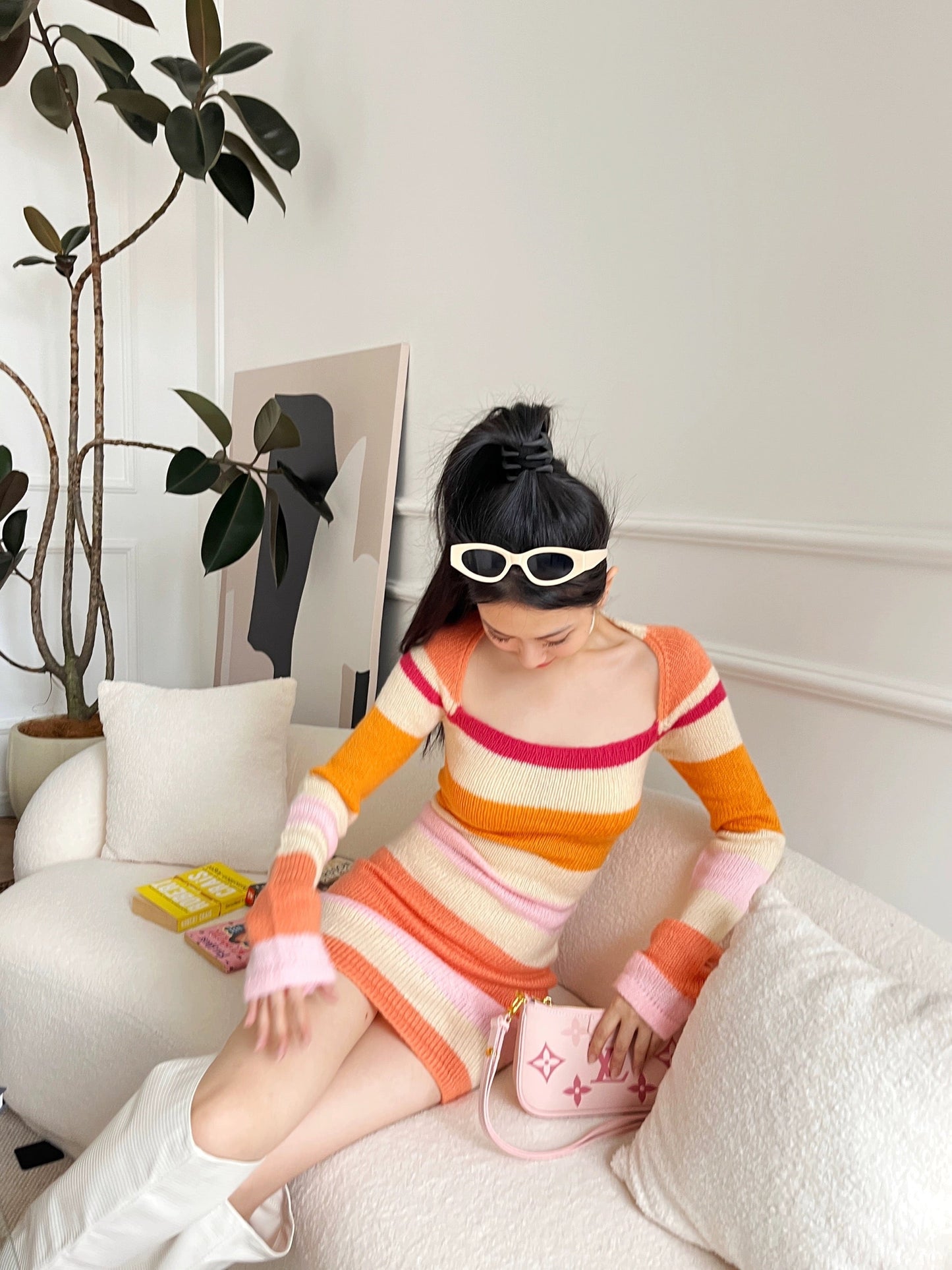 【Dress】配色ニットワンピース W10413