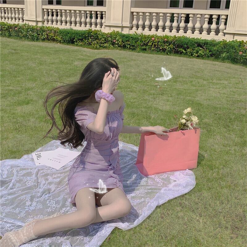 【dress】美人度アップ!韓国系セクシーフリルパフスリーブボートネックAライン