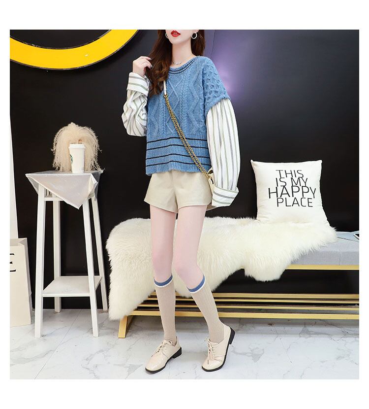 【tops】好感度UPスウィートラウンドネックシャツ切り替えセーター4色