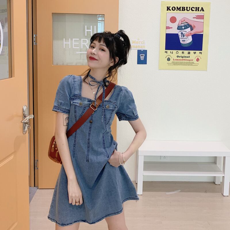 【dress】美人度アップ韓国系キャンパススクエアネックパフスリーブ気質デニムスカート