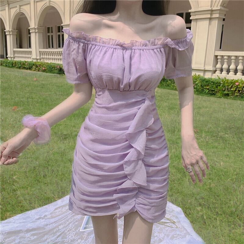 【dress】美人度アップ!韓国系セクシーフリルパフスリーブボートネックAライン