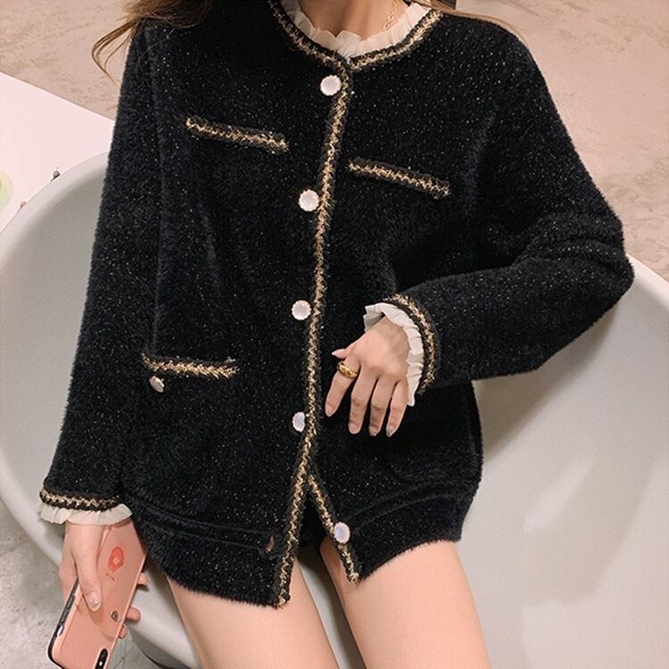 【outer】秋新作おすすめ洋気レース切り替えニットカーディガン2色