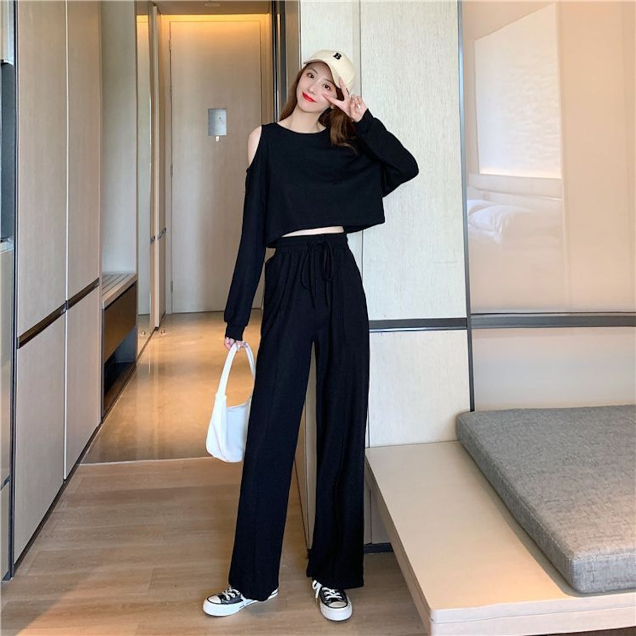 【Set】長袖Tシャツ+ワイドレッグパンツのセットアップ W13987