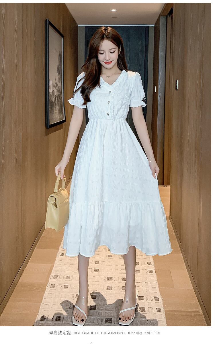 【dress】美人度アップ韓国系スウィート超人気レトロスカラップスリーブAライン