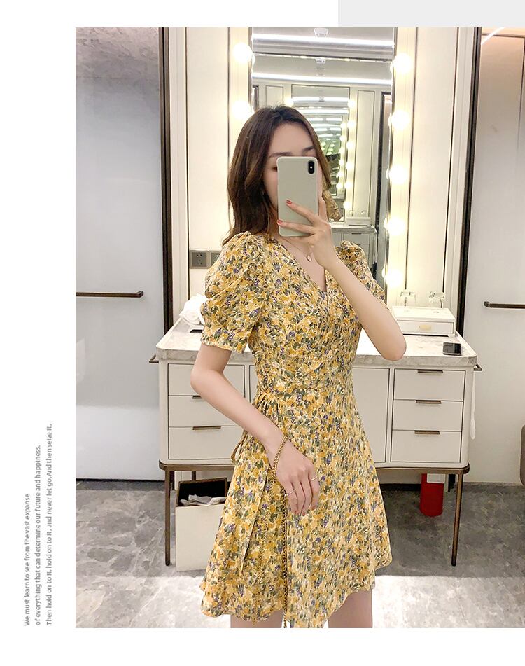 【dress】美人度アップ韓国系スウィート森ガール気質Vネック花柄シフォンスカート