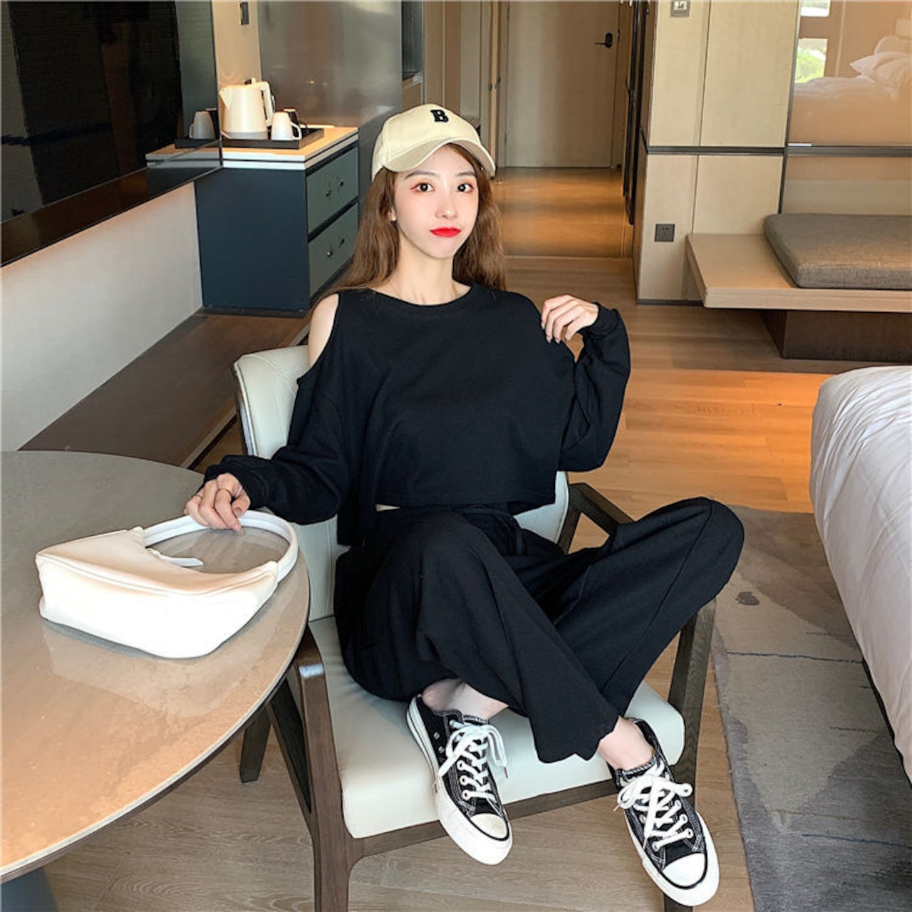 【Set】長袖Tシャツ+ワイドレッグパンツのセットアップ W13987