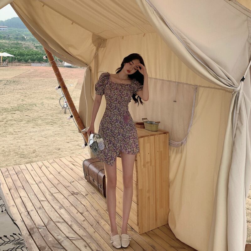 【dress】好感度UP!スウィートスクエアネックパフスリーブ花柄スカート