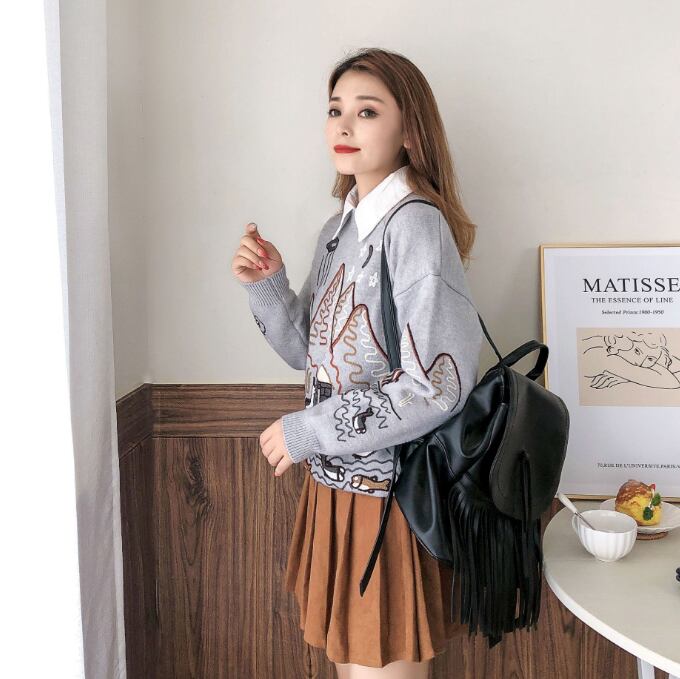 【tops】大人可愛い刺繍丸首セーター切り替えゆったり2色