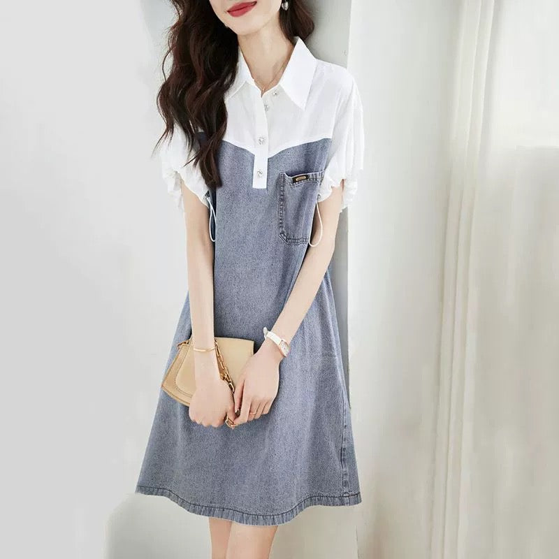 【Dress】大人カジュアル~半袖デニム切り替えシャツワンピース W7708