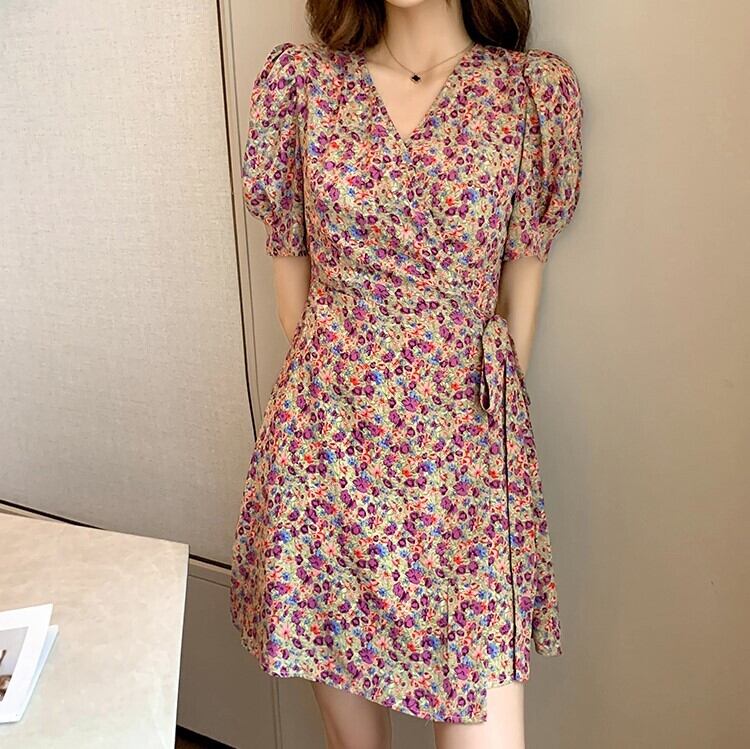 【dress】美人度アップ韓国系スウィート森ガール気質Vネック花柄シフォンスカート