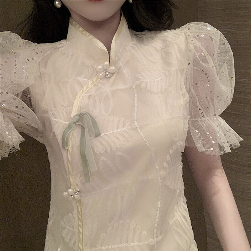 【dress】美人度アップ!韓国系レトロパフスリーブ刺繍スタンドネックチャイナドレススカート