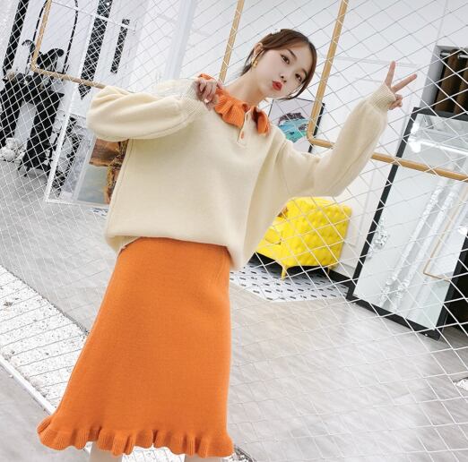 【set】韓国ガーリッシュペプラムスカーセーター2点セット