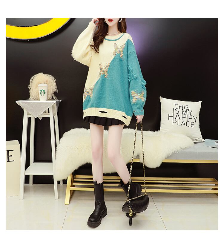 【tops】秋新作ダメージ加工タッセルセーター3色配色超人気