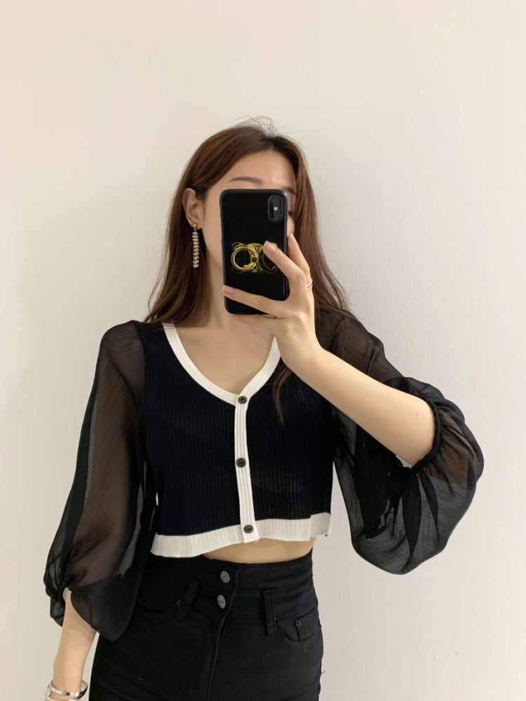 【Tops】ニット切り替えブラウス W11642