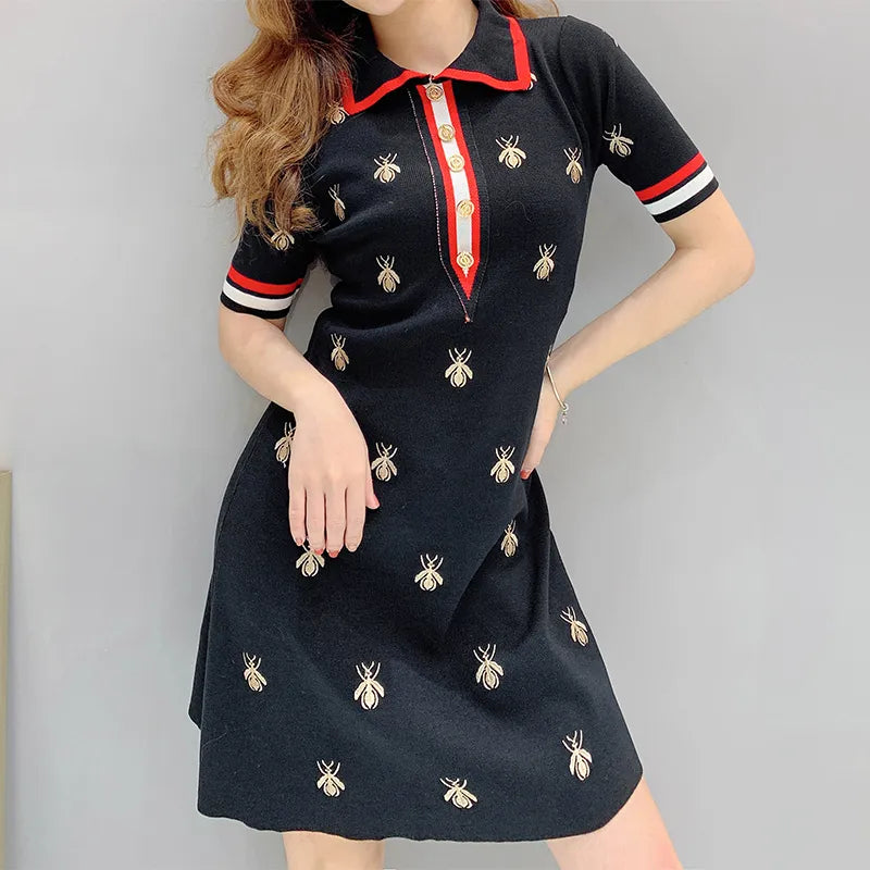 【Dress】新入荷!レディース気質Aライン半袖プリントニットワンピース W-6550