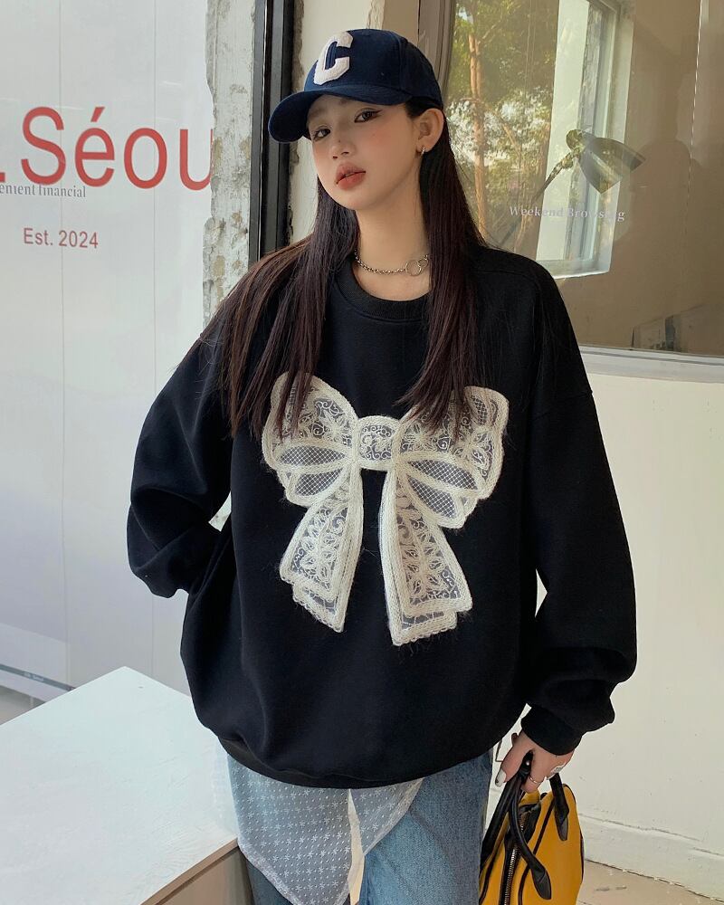 【tops】リボン柄スウェット T0126