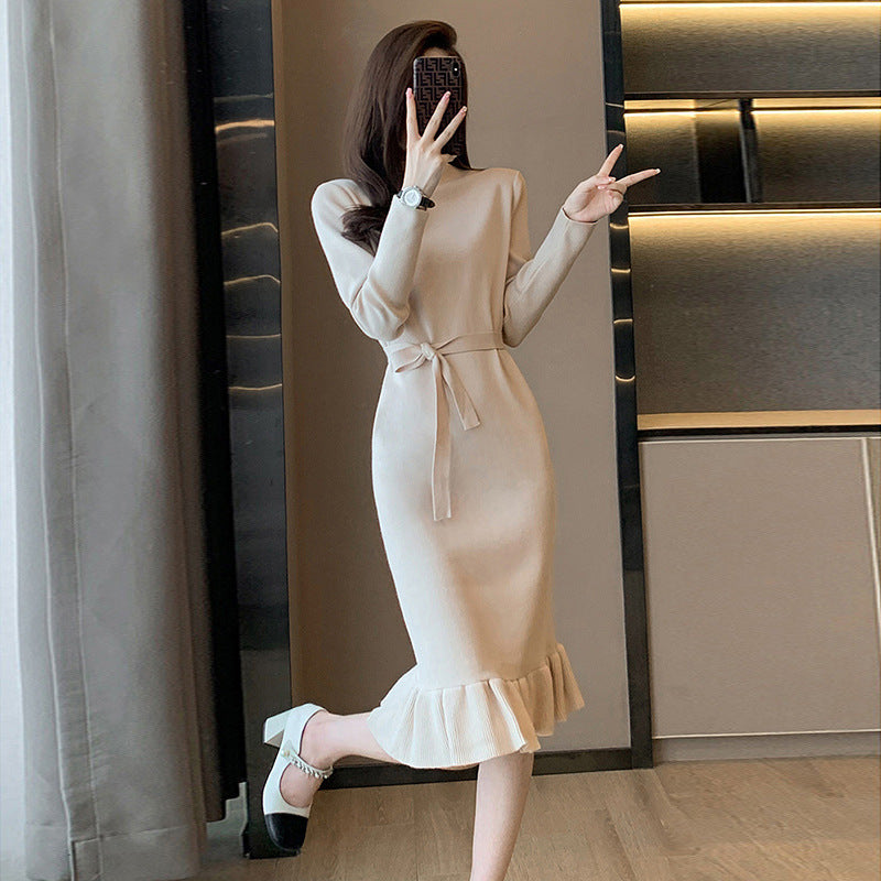 【Dress】無地シンプルニットマーメイドワンピース W7949