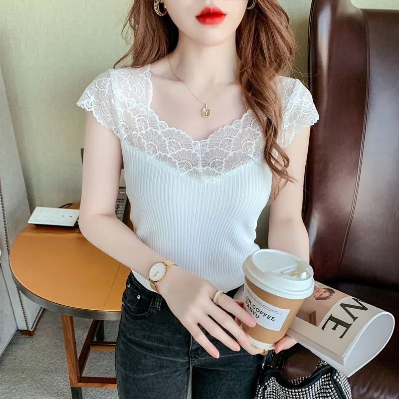 【Tops】レース切り替えTシャツ W12442