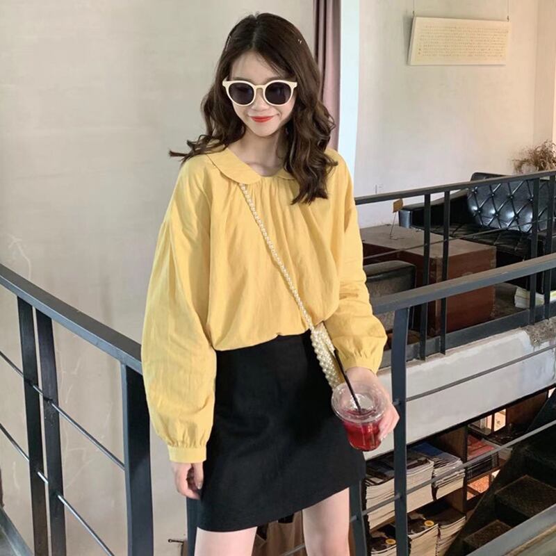 【tops】美人度アップ!韓国系スウィートデザインドールカラーセーターランタンスリーブシャツ