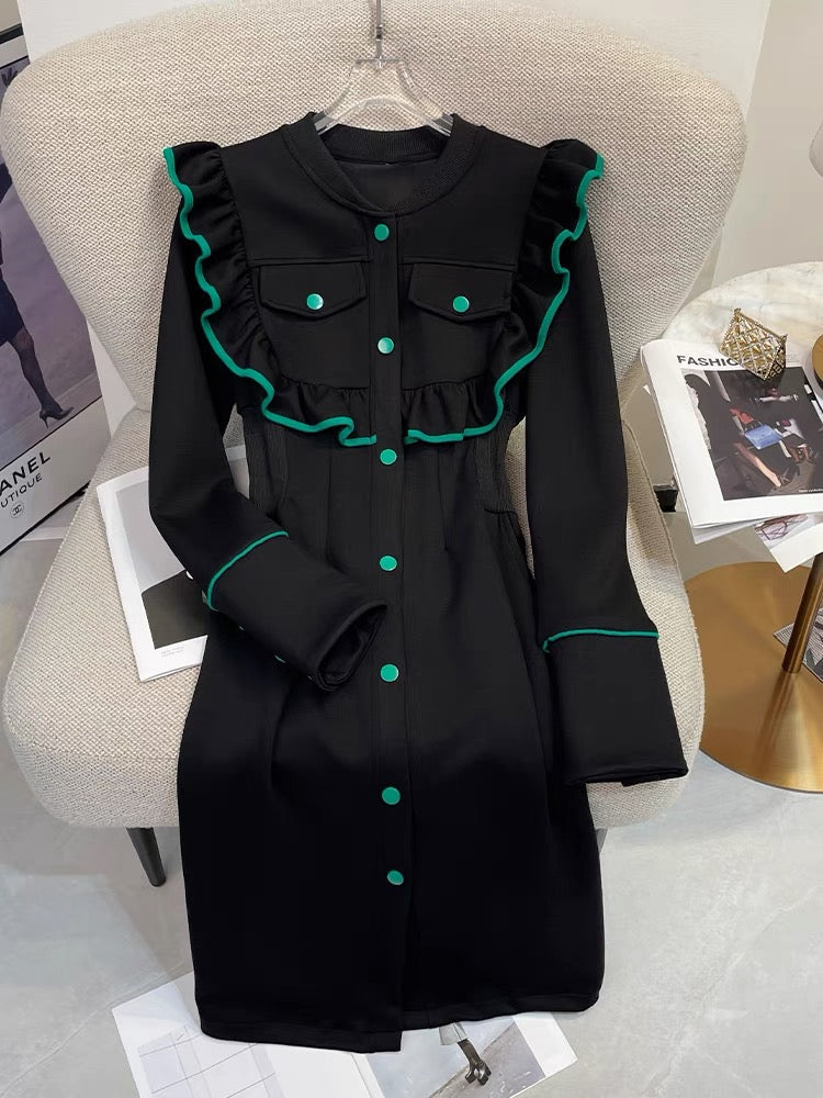 【Dress】フリル配色ロング丈ニットワンピース W7984