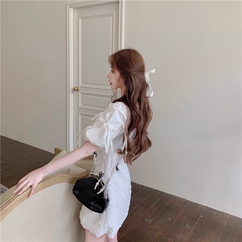 【dress】美人度アップレトロスクエアネックスウィート森ガールパフスリーブAライン