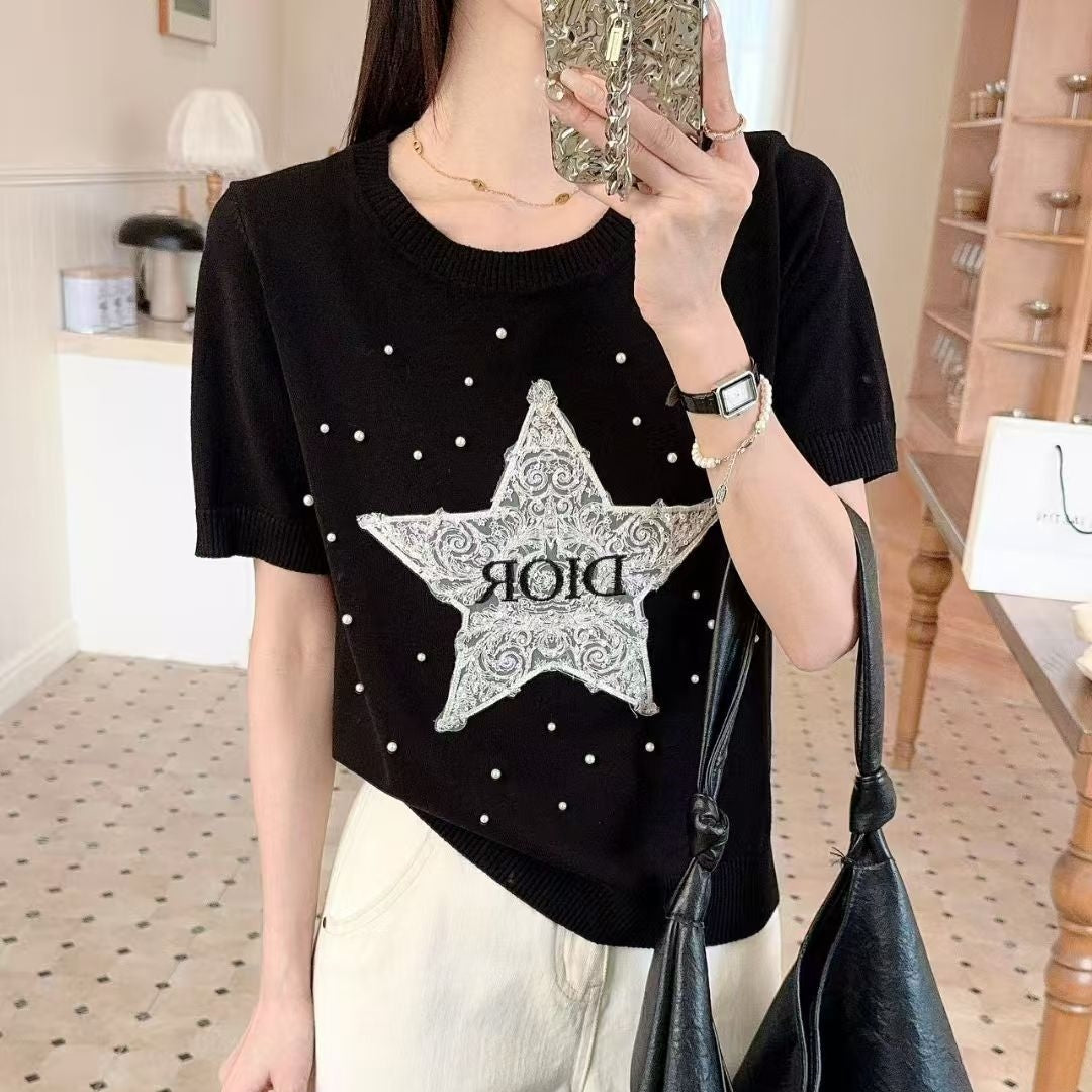 【Tops】 ビーズクルーネックTシャツ T01466