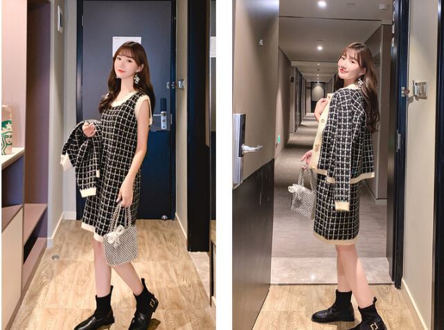 【set】エレガントワンピースニットカーディガン二点セット