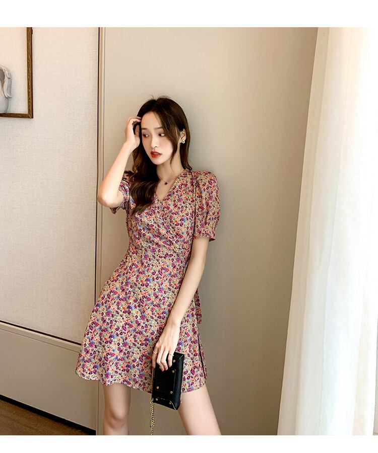 【dress】美人度アップ韓国系スウィート森ガール気質Vネック花柄シフォンスカート