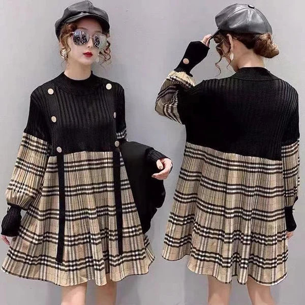 【Dress】長袖切り替えチェック柄ワンピース W13710