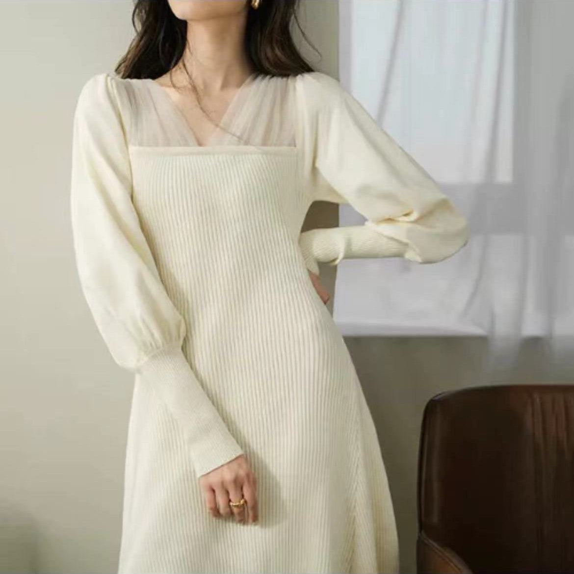 【Dress】チュール切替ニットワンピース W9680