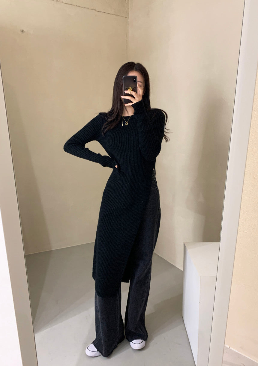 【Dress】スリット入りニットワンピース W13471