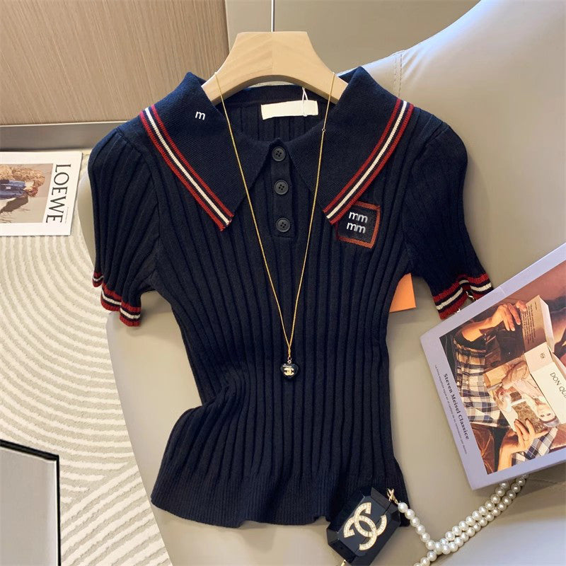 【Tops】POLOネック半袖ニット W11971