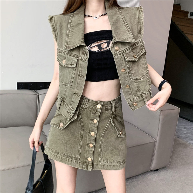 【Set】ベスト×スカートデニムセット W11938