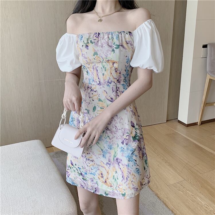 【dress】美人度アップ韓国系森ガール気質ボートネックパフスリーブ花柄スカート