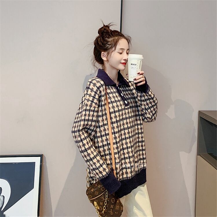 【tops】海外トレンドPOLOネックセーター2色チェック柄