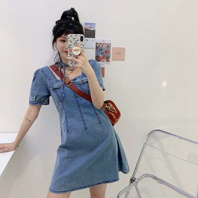 【dress】美人度アップ韓国系キャンパススクエアネックパフスリーブ気質デニムスカート