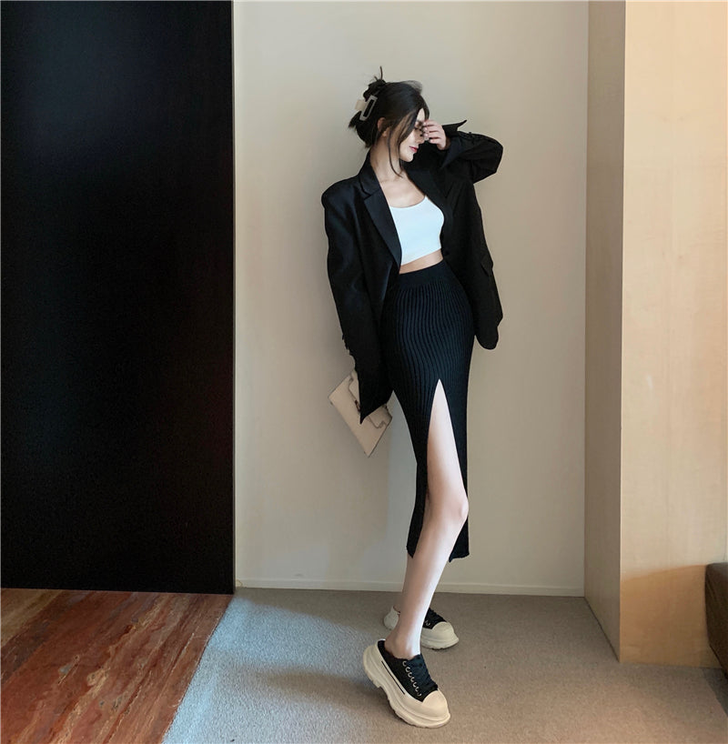 【Bottoms】3色展開スリット入りニットスカート W14140