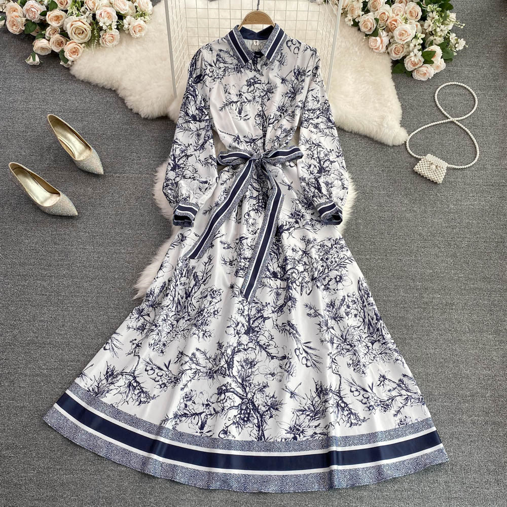 【Dress】長袖プリントシャツワンピース W14102