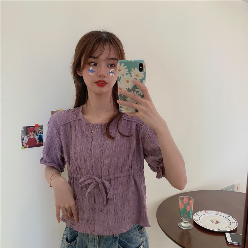 【tops】美人度アップ!韓国系スウィートルーズラウンドネックパフスリーブシャツ
