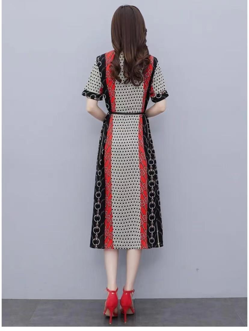【Dress】人気爆発中~フェミニン半袖ロング丈配色薄い夏シャツワンピース W-6129