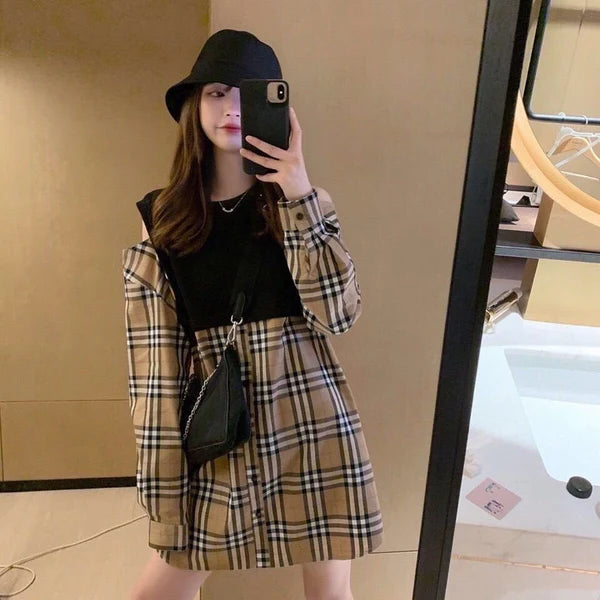 【Dress】肩見せ切り替えチェック柄ワンピース W13709